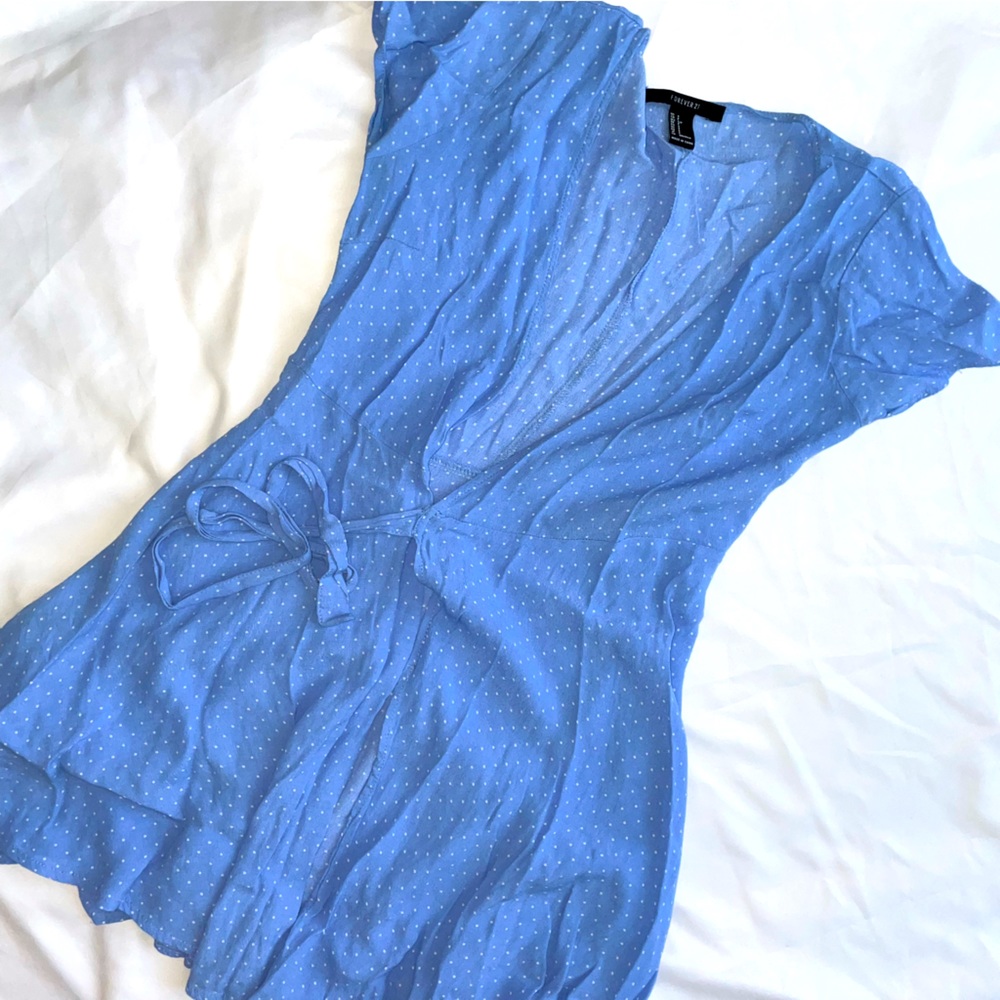 Blue Forever 21 Tie Front Flowy Dotted Dress